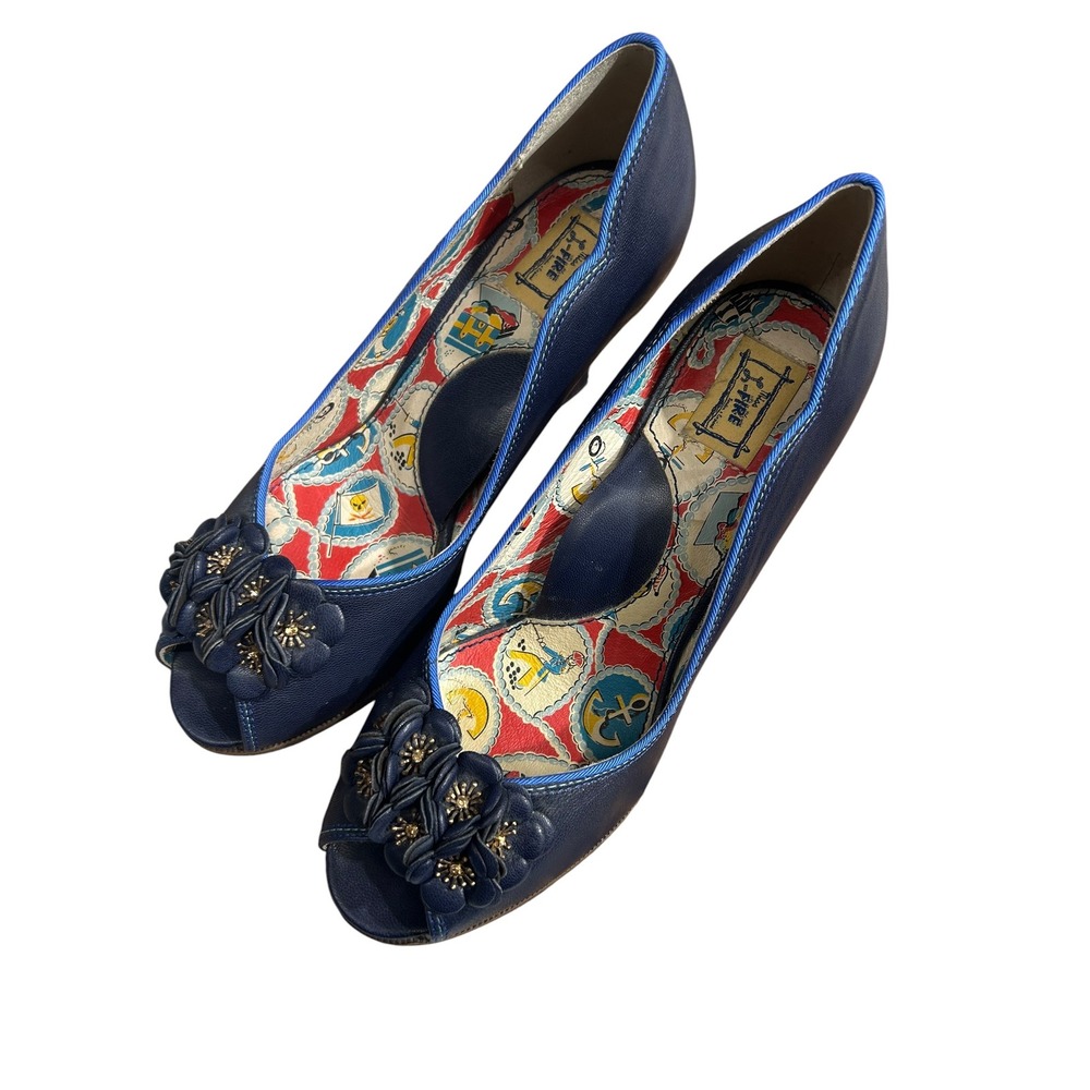 Miss L-Fire Navy Blue Peep Toe Floral Pumps Nautical Pirate Lining Size 40
